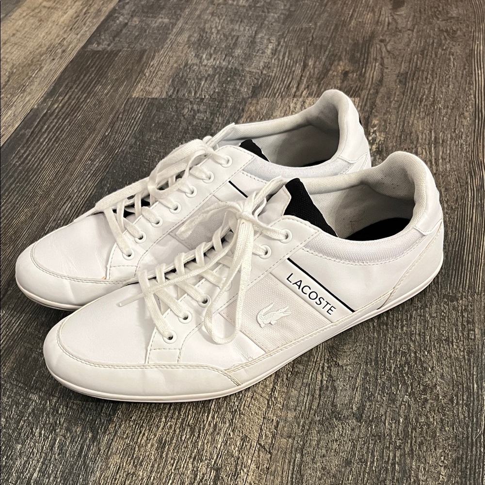 Lacoste Men's White Low-Top Leather Sneakers with Black Collar Accent